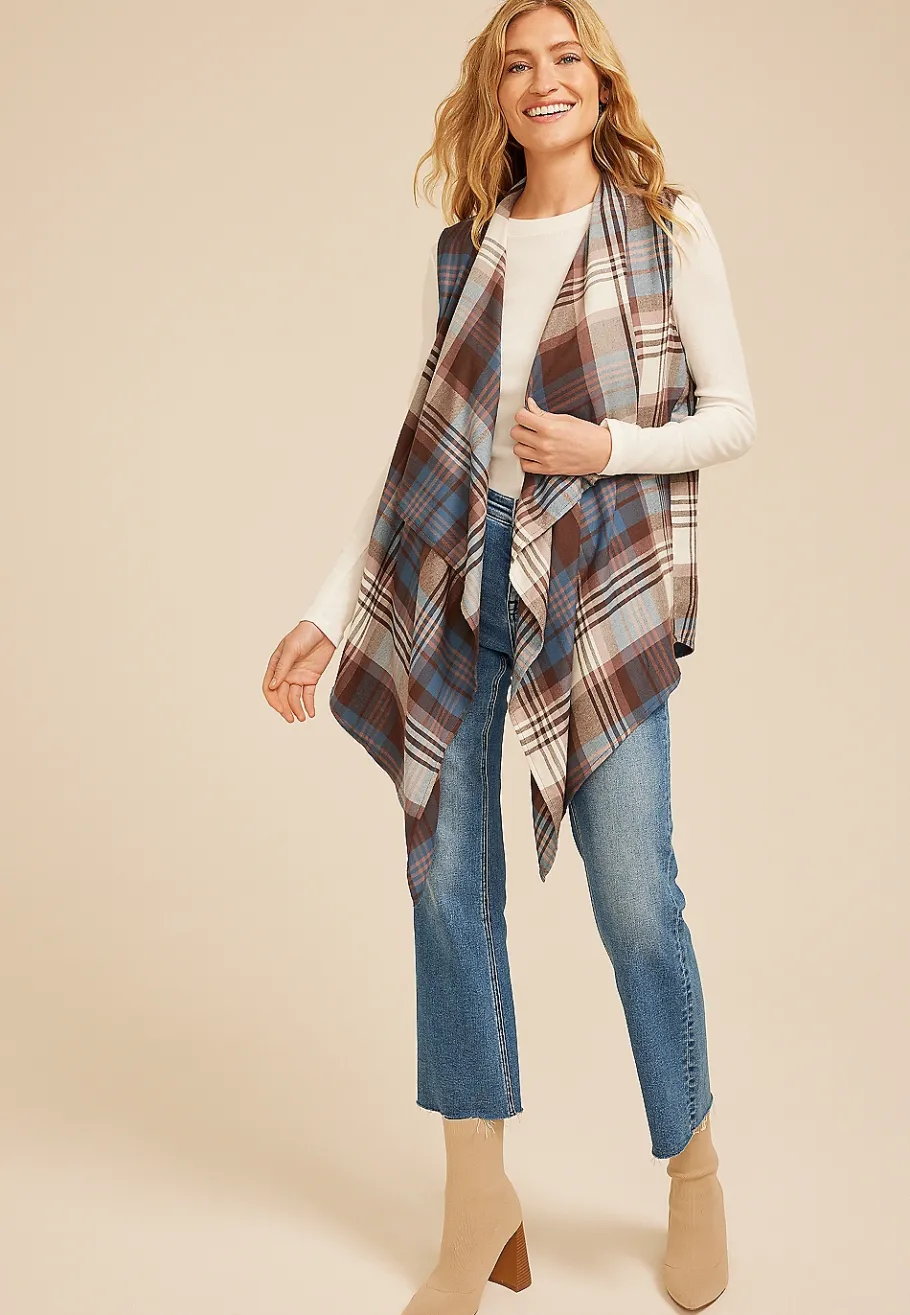 Maurices Sweaters Cardigans & Kimonos-Plaid Open Front Waterfall Vest