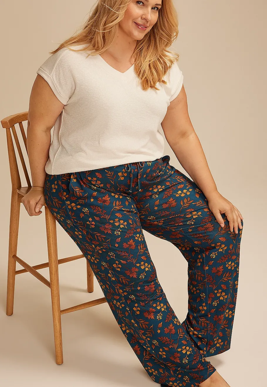 Maurices Plus Pajamas-Plus Size Teal Fall Leaves Wide Leg Pajama Pants