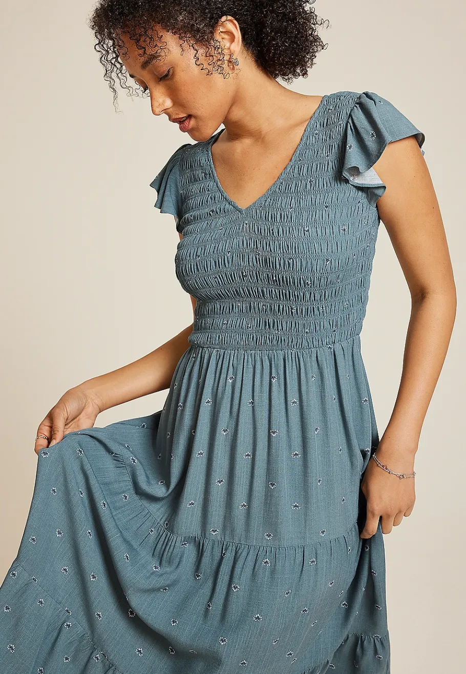 Maurices Work Dresses-Printed Flutter Sleeve Smocked Midi Dress