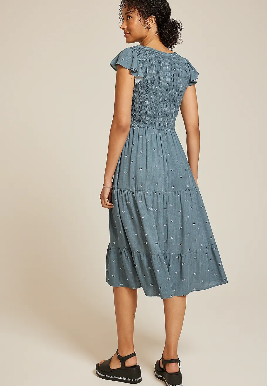 Maurices Work Dresses-Printed Flutter Sleeve Smocked Midi Dress