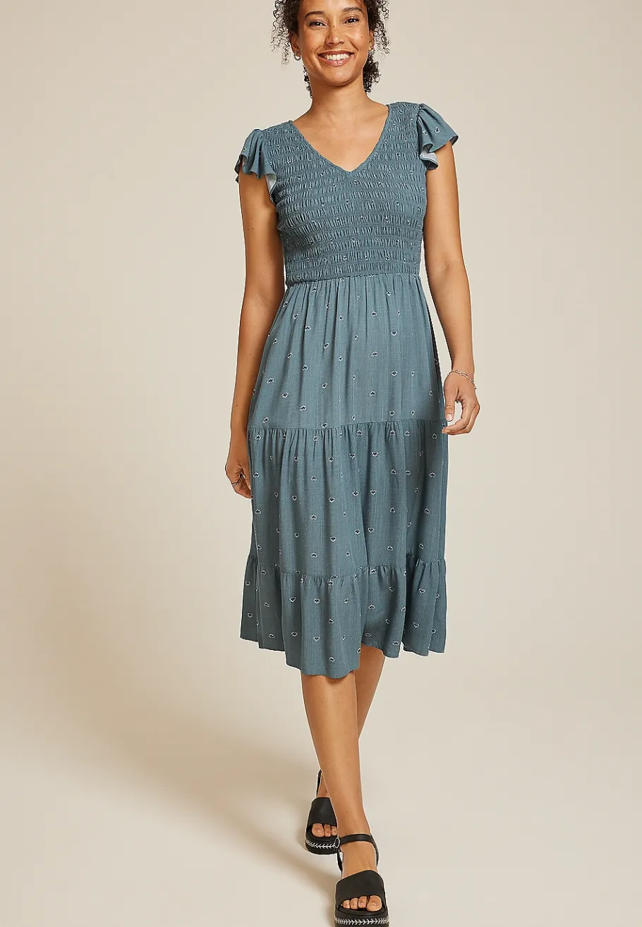 Maurices Work Dresses-Printed Flutter Sleeve Smocked Midi Dress