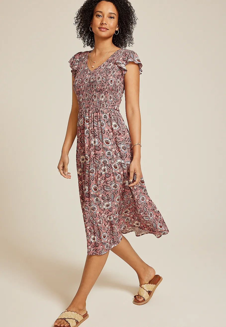 Maurices Work Dresses-Printed Flutter Sleeve Smocked Midi Dress