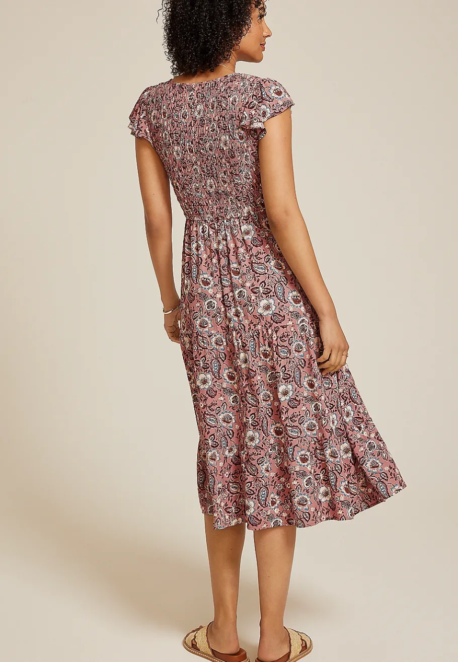 Maurices Work Dresses-Printed Flutter Sleeve Smocked Midi Dress