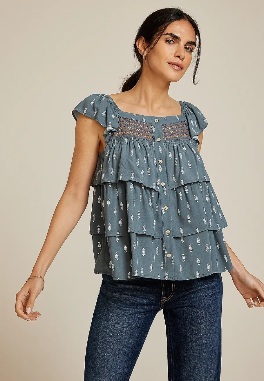 Maurices Shirts & Blouses|Tanks & Camis-Printed Tiered Babydoll Blouse