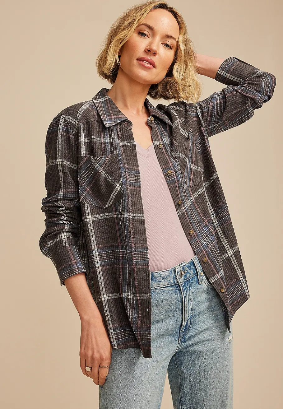 Maurices Plaid & Button Down Shirts-Pucker Plaid Button Down Shirt