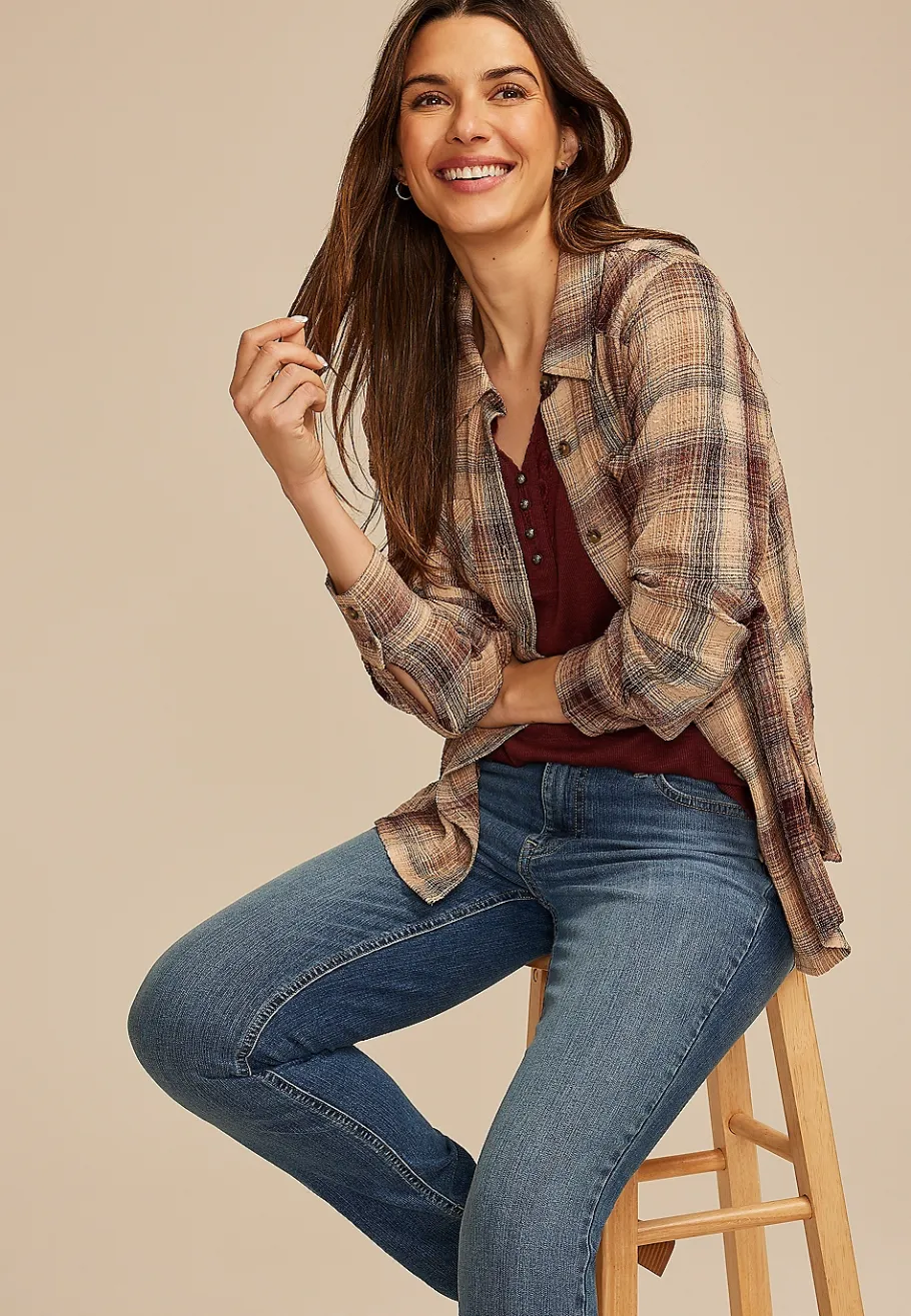 Maurices Plaid & Button Down Shirts-Pucker Plaid Button Down Shirt