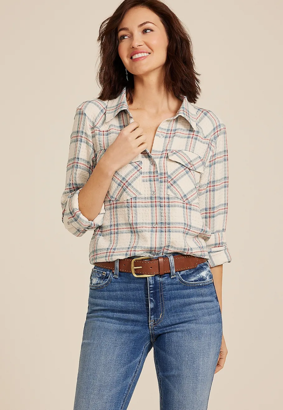 Maurices Plaid & Button Down Shirts-Pucker Plaid Button Down Shirt