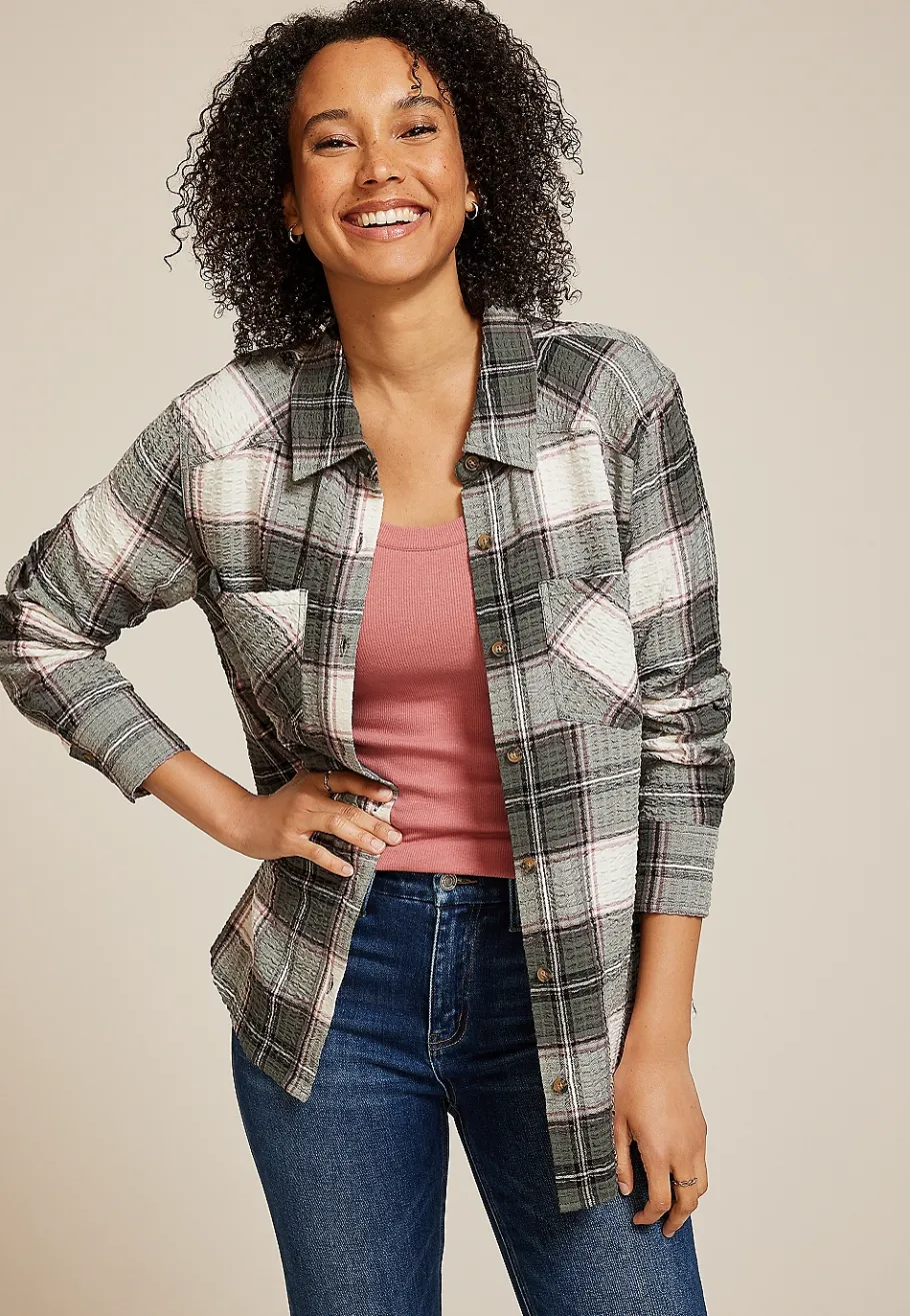 Maurices Plaid & Button Down Shirts-Pucker Plaid Button Down Shirt
