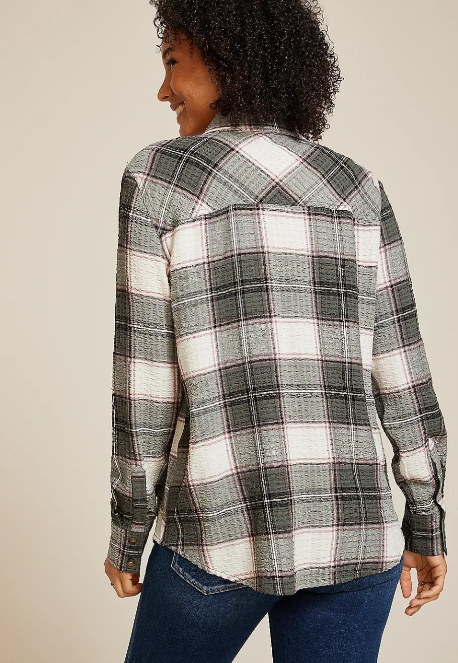 Maurices Plaid & Button Down Shirts-Pucker Plaid Button Down Shirt