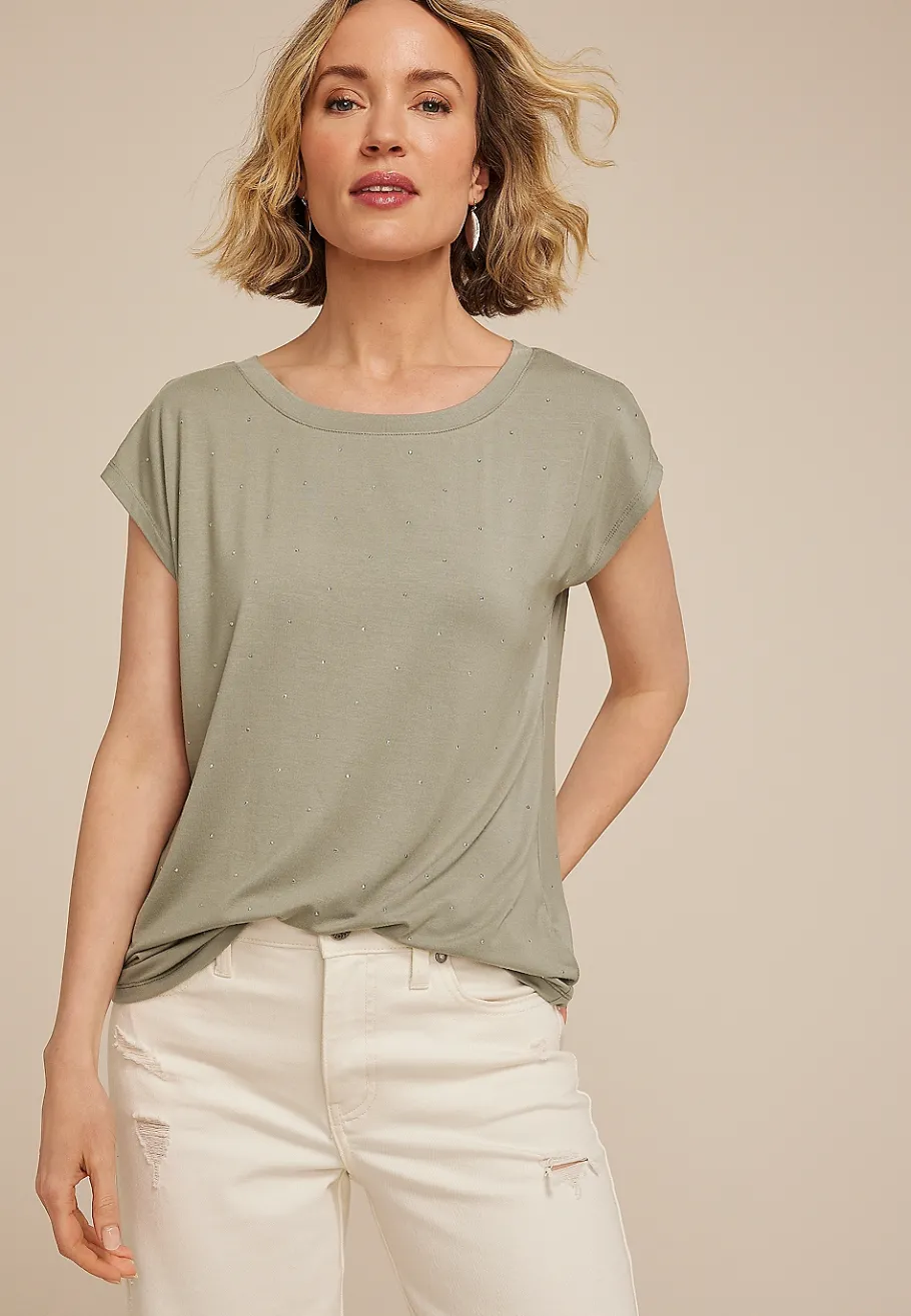 Maurices Tees-Rhinestone Embellished Boat Neck Tee