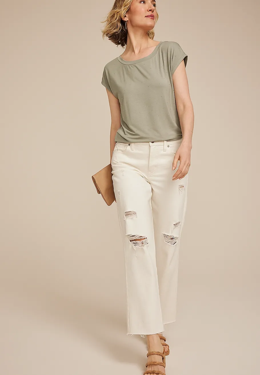 Maurices Tees-Rhinestone Embellished Boat Neck Tee