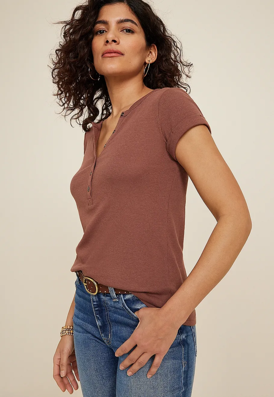 Maurices Tees-Ribbed Henley Short Sleeve Tee