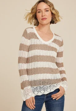 Maurices Sweaters Cardigans & Kimonos-Striped Open Stitch Bell Sleeve Sweater