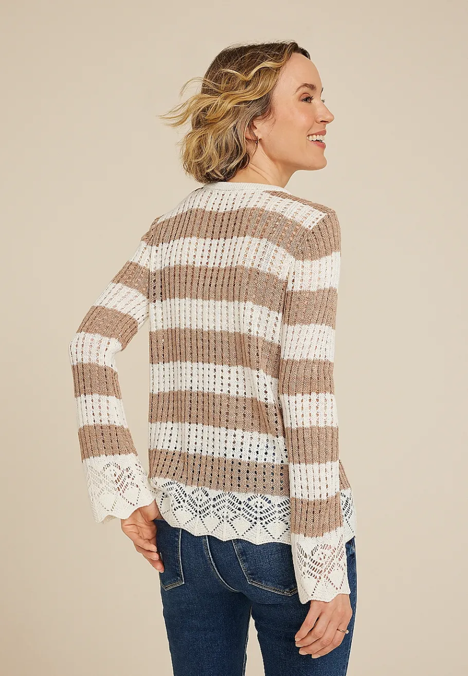 Maurices Sweaters Cardigans & Kimonos-Striped Open Stitch Bell Sleeve Sweater