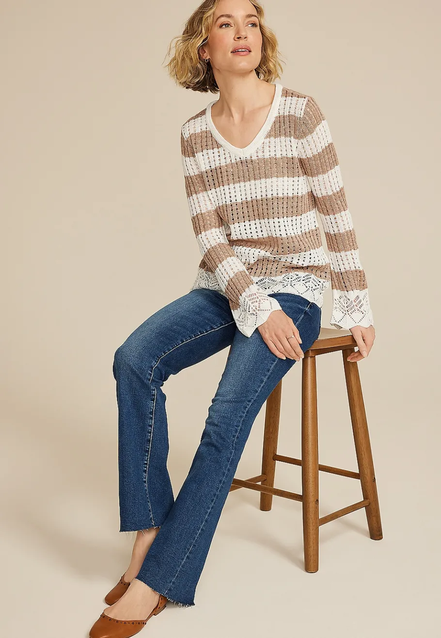 Maurices Sweaters Cardigans & Kimonos-Striped Open Stitch Bell Sleeve Sweater