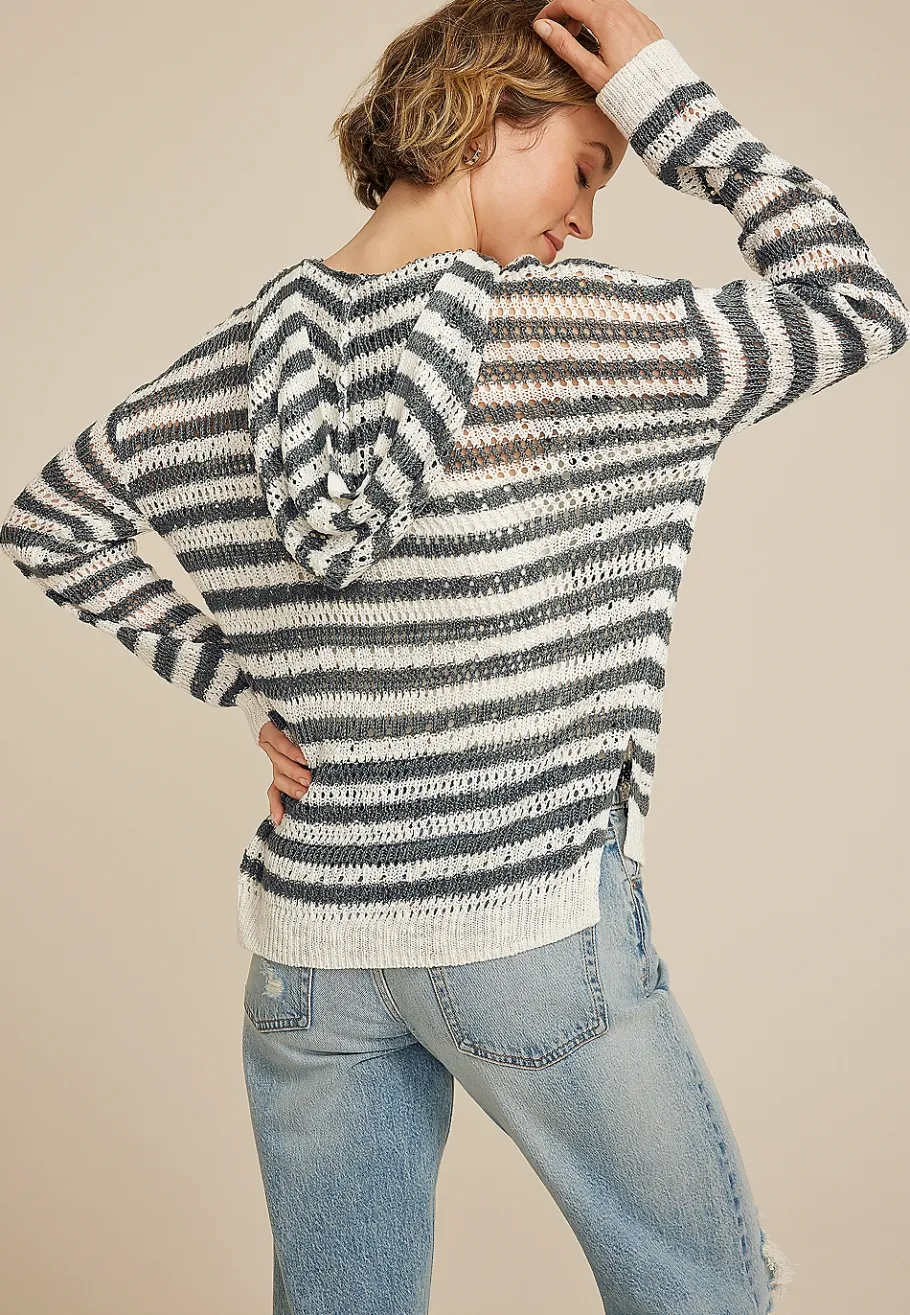 Maurices Sweaters Cardigans & Kimonos-Striped Open Stitch Hooded Pullover