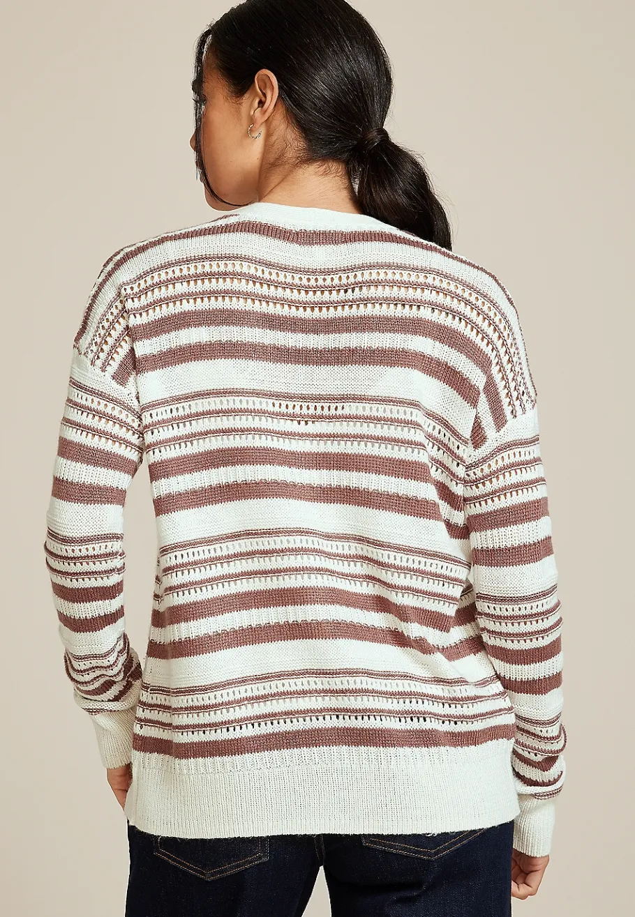 Maurices Sweaters Cardigans & Kimonos-Striped Pointelle Button Front Cardigan