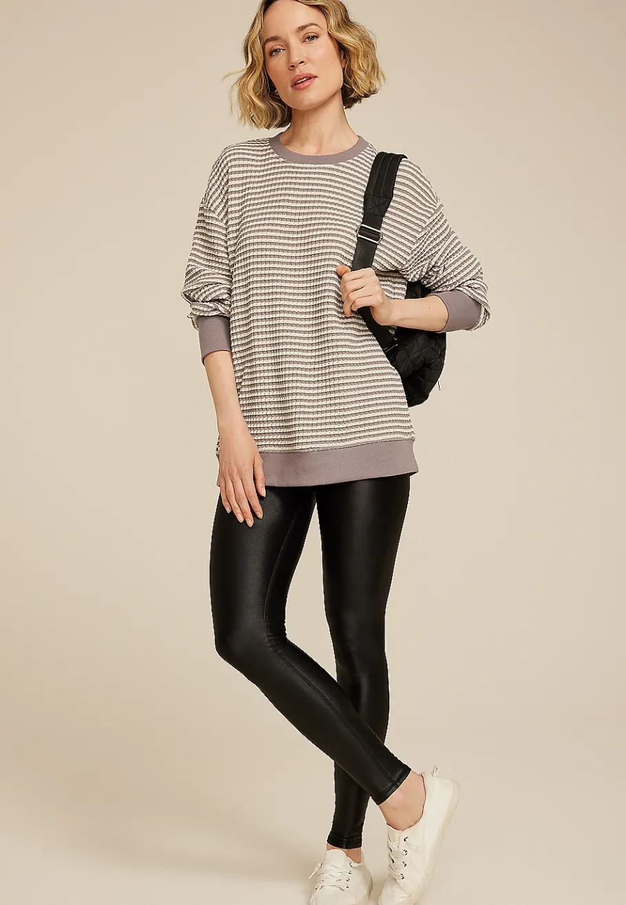 Maurices Sweatshirts-Striped Waffle Crew Neck Tunic Sweatshirt