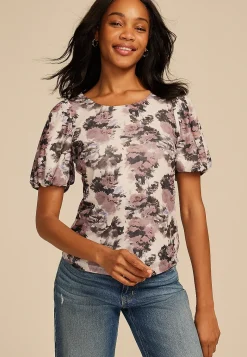 Maurices Tees|Shirts & Blouses-Studio Y Abstract Floral Mesh Puff Sleeve Blouse