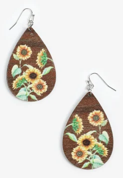 Maurices Earrings-Sunflower Painted Wooden Drop Earrings