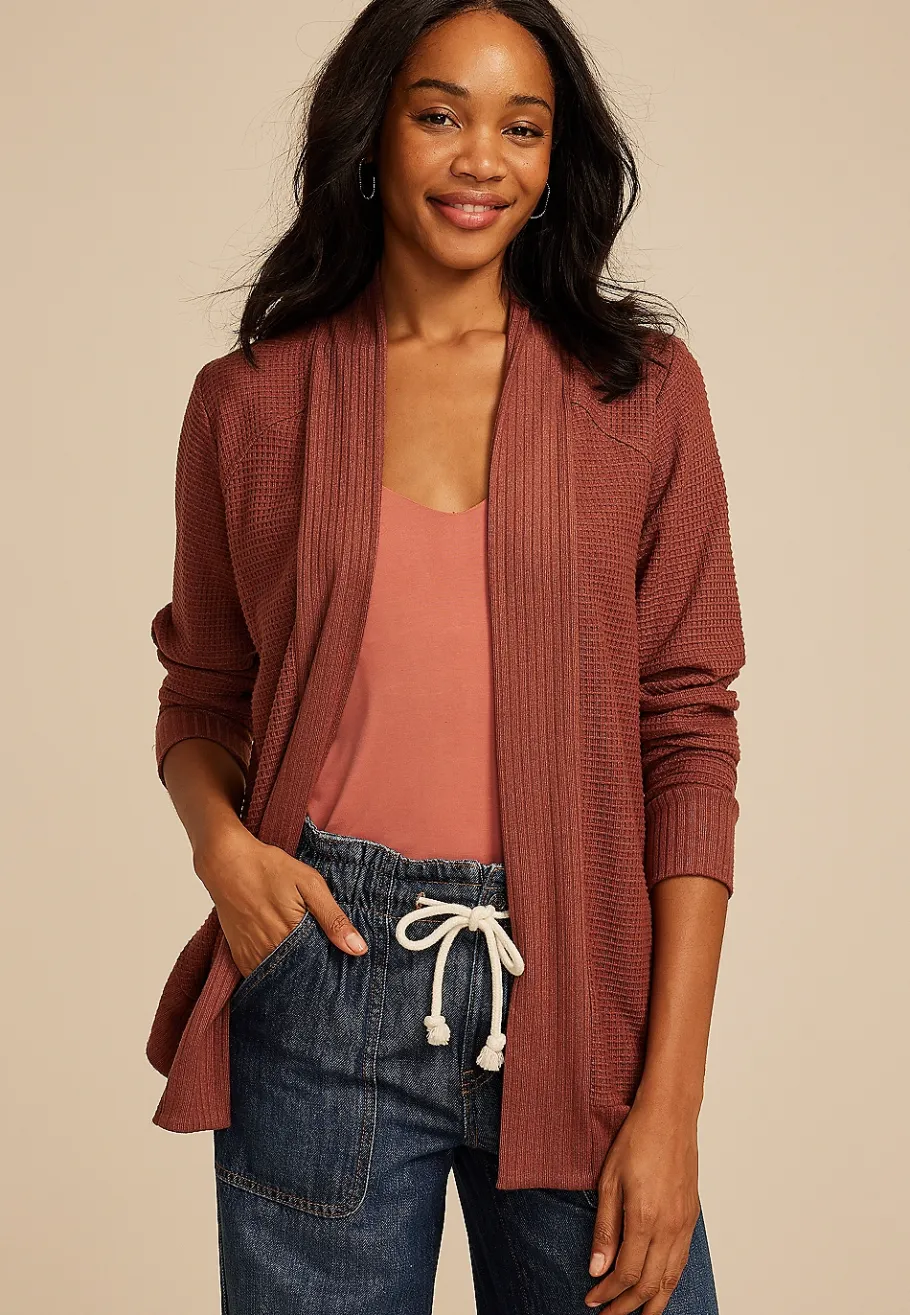 Maurices Sweaters Cardigans & Kimonos-Waffle Knit Curved Hem Cardigan