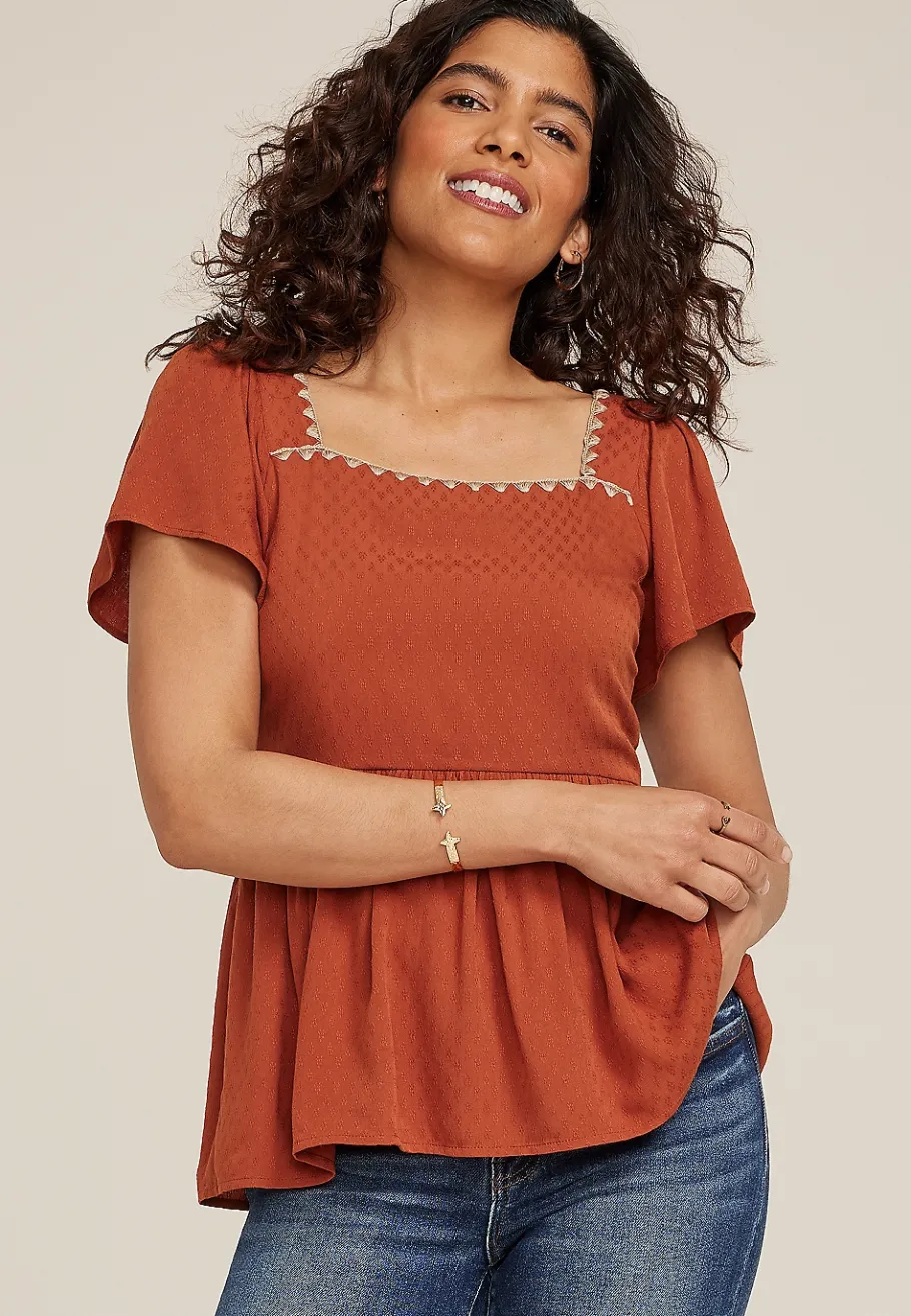 Maurices Shirts & Blouses-Whipstitch Embroidered Flutter Sleeve Babydoll Blouse