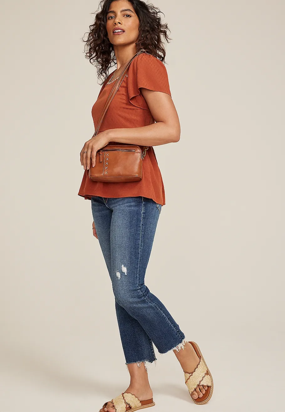 Maurices Shirts & Blouses-Whipstitch Embroidered Flutter Sleeve Babydoll Blouse