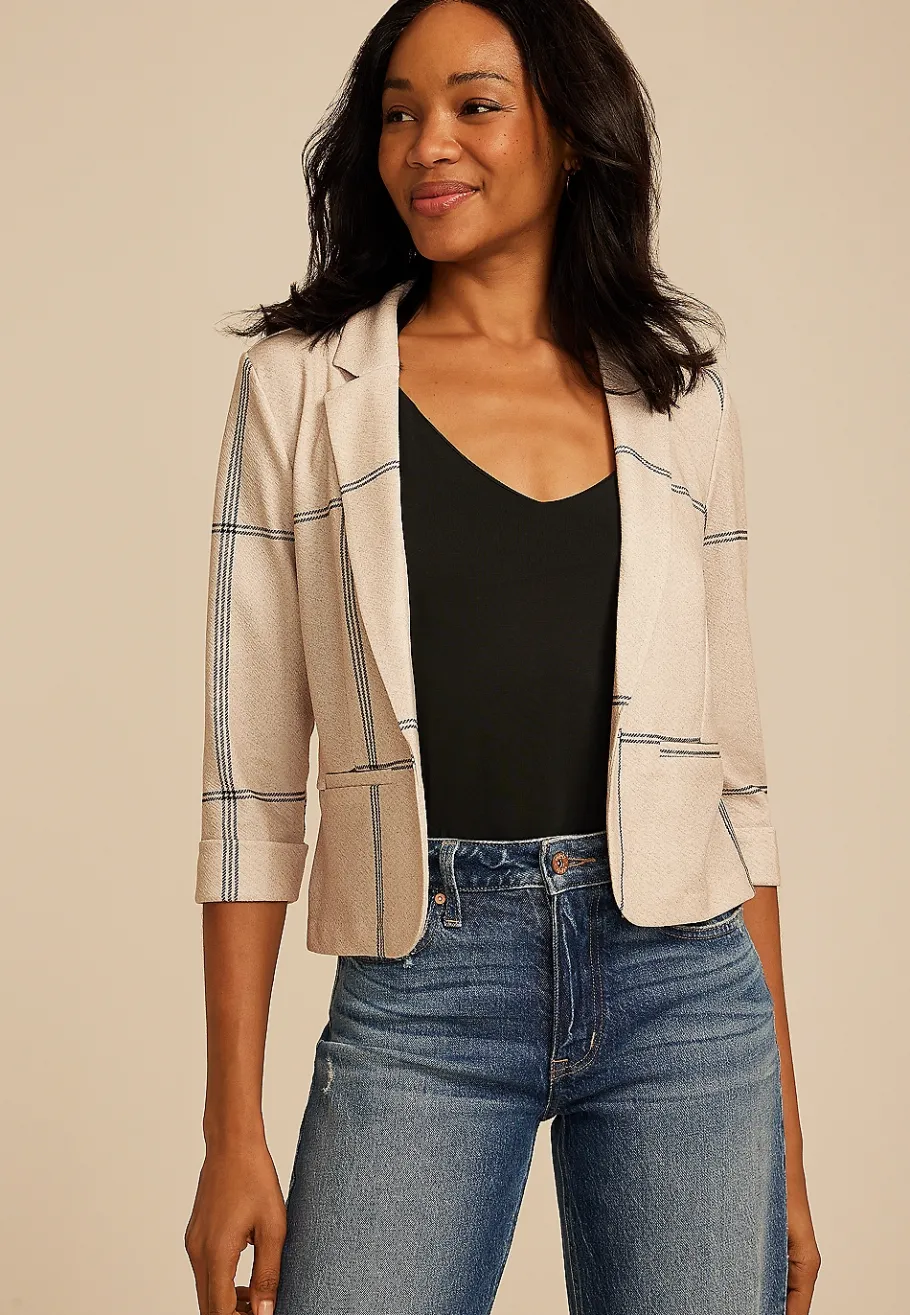 Maurices Blazers-Windowpane Plaid Versa Open Front Cropped Blazer