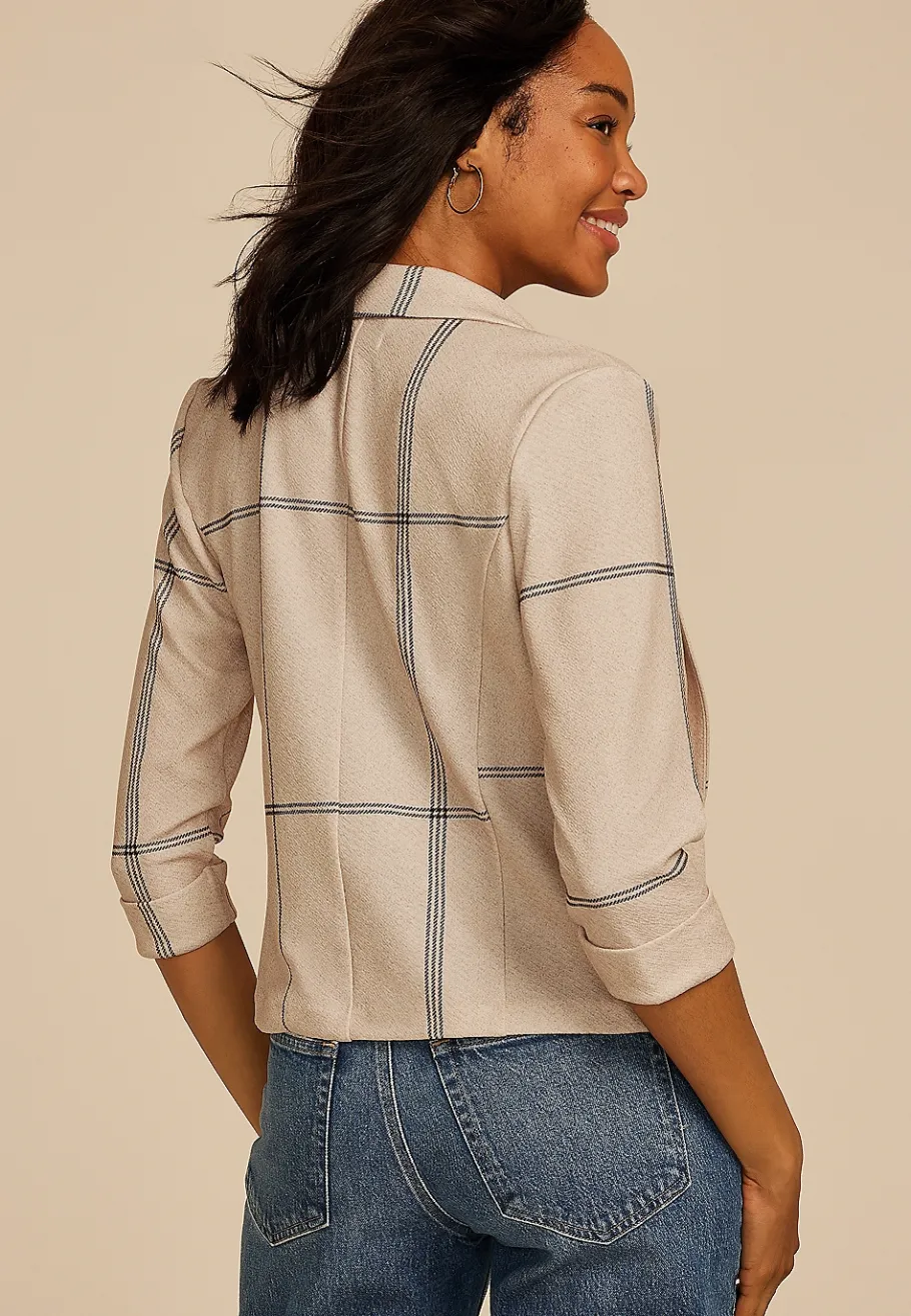 Maurices Blazers-Windowpane Plaid Versa Open Front Cropped Blazer